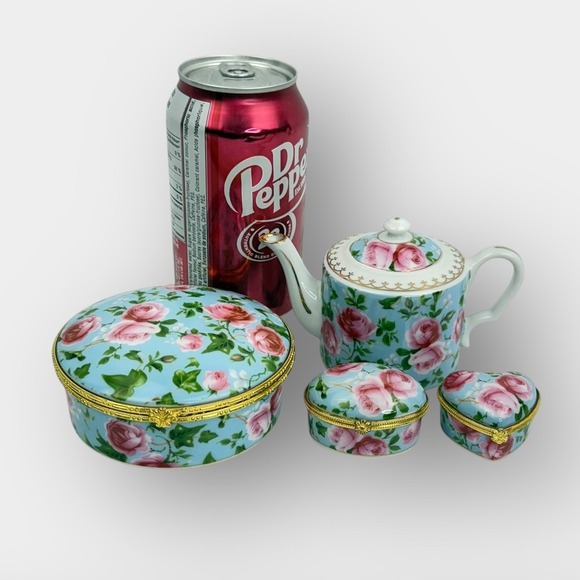 Vintage Sorelle porcelain floral trinket box set round oval heart with teapot - Picture 2 of 7